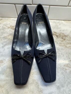 Stuart Weitzman Navy Bow Square-Toe Flats